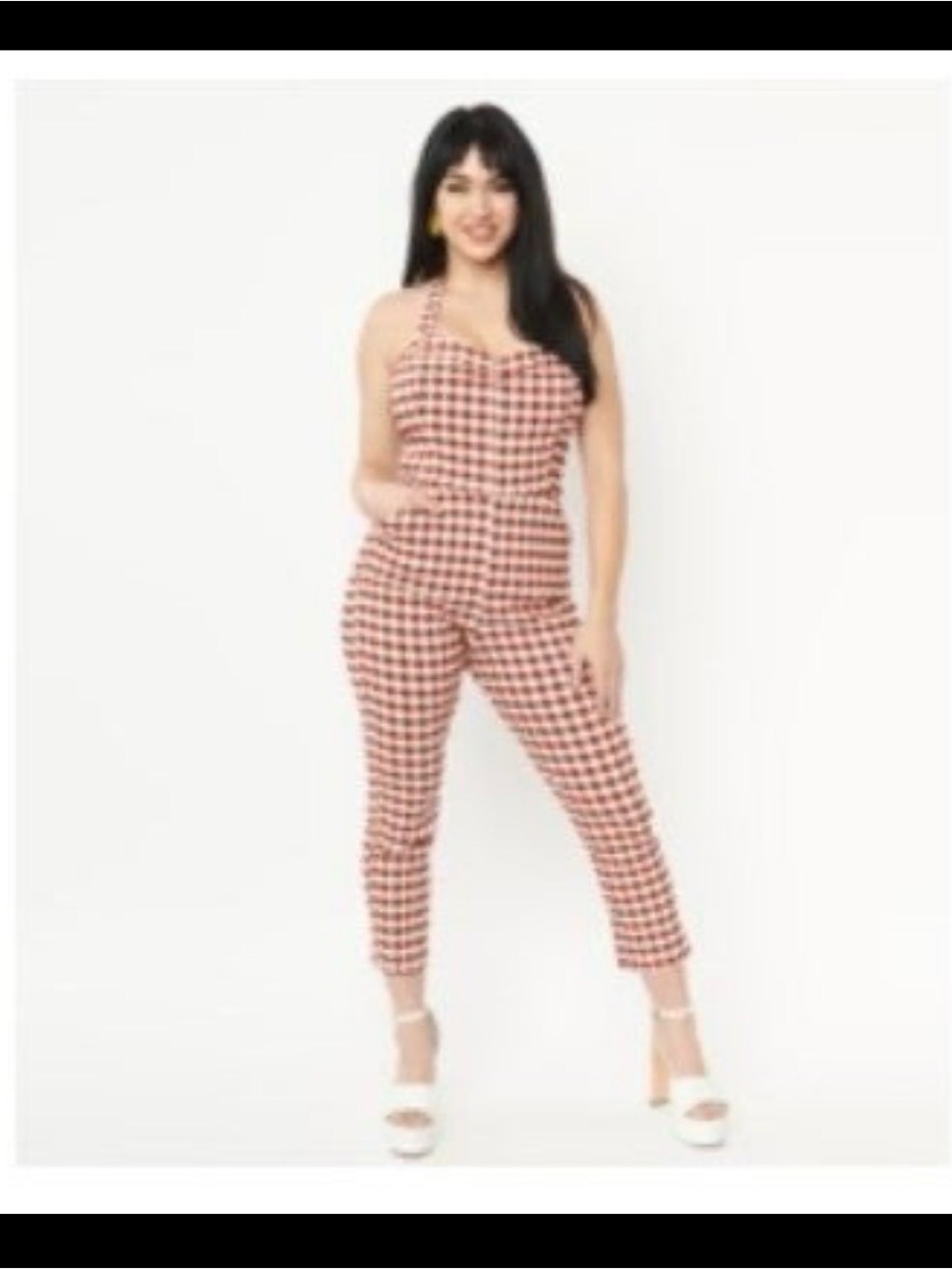 UNIQUE VINTAGE Gingham Halter Jumpsuit in Rust and Cream